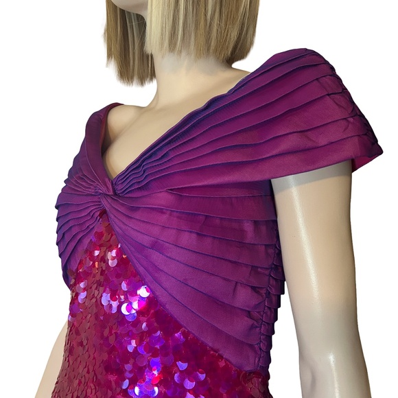 SHO by Tadashi Shoji Cocktail Dress Hot Pink Sequins Off Shoulder Sheath Party - Picture 11 of 16